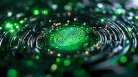 Glowing green fingerprint scan with digital circular waves and bokeh light effects on dark background, representing biometric security technology.