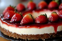 Fresh strawberry cheesecake with red fruit topping and graham cracker crust, topped with whole berries and sweet sauce dripping down sides on dark plate.