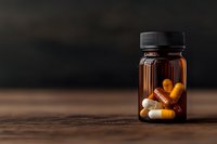 Prescription medication capsules and pills spilling from amber glass bottle on wooden surface against dark background, medical and healthcare concept.