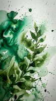 Abstract green watercolor botanical leaves with paint splatters and organic flowing shapes on textured paper background for natural design projects.