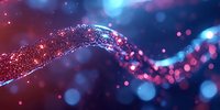 Abstract flowing wave of pink and purple glittering particles with bokeh lights on dark blue background for digital art and modern design projects.