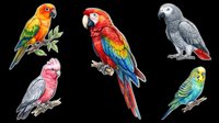 Colorful parrots and macaws isolated on transparent background, ready for t-shirt design, clipart, stickers, sublimation, and print-on-demand projects.