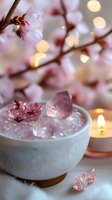 Pink rose quartz crystals in ceramic bowl with cherry blossoms and glowing candle creating serene spiritual atmosphere for meditation and healing practices.