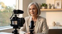 Mature woman with gray hair and light skin tone, wearing a beige blazer, speaking into a microphone during a podcast or interview recording session with professional camera equipment.