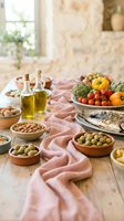 Mediterranean diet ingredients with olive oil, fresh vegetables, nuts and fish on rustic wooden table in warm kitchen setting for healthy cooking.
