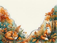 Two watercolor foxes surrounded by autumn foliage, ferns, and wildflowers, with copy space for text or design use.