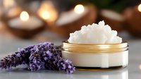 Luxurious moisturizing cream in elegant jar with fresh lavender flowers and soft bokeh lights, natural skincare and aromatherapy spa composition on light background.