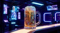 Digital beer mug with circuit board pattern in futuristic neon-lit bar environment. Cyberpunk technology concept for gaming, sci-fi projects and modern design.