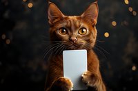 Adorable brown cat holding blank white card against dark background with bokeh lights. Funny pet portrait for greeting cards and social media content.