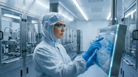 Female scientist in white cleanroom suit and blue gloves operates touchscreen panel in modern pharmaceutical laboratory.