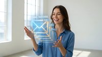 Young woman with long dark hair and South Asian ethnicity wearing a blue shirt, smiling while interacting with a glowing email success interface displaying envelope icons and digital messaging symbols in a bright office setting.