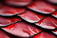 Red dragon-like scales in macro photography showing textured pattern with water droplets and reflective surface creating dramatic lighting effect. Suitable for fantasy designs.