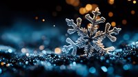 Delicate snowflake crystal with intricate patterns captured in macro photography against dark background with blue bokeh lights creating magical winter atmosphere.