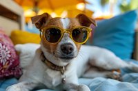 Jack Russell terrier wearing trendy yellow sunglasses relaxing on couch with decorative pillows, warm lighting creates cozy atmosphere for pet lifestyle and fashion content.