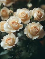 Delicate cream-colored roses in full bloom against dark green foliage, showcasing soft petals and elegant floral composition for wedding and romantic designs.