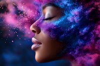 African woman profile with closed eyes and serene expression amid cosmic nebula effect, galaxy colors of pink and blue swirling through dark hair with magical stardust.