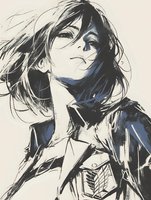 Artistic anime style portrait of young Asian woman with windswept hair in military jacket, drawn in expressive black and blue brush strokes on light background.
