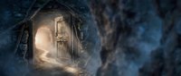 Young adult male with light skin tone, wearing heavy winter clothing, standing before an ornate wooden door emanating golden light within an icy cave tunnel. Surreal fantasy scene for book covers, game art, and digital media projects.