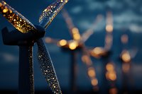 Wind turbines silhouetted against dusky blue sky with golden bokeh light effects creating magical atmosphere. Clean energy concept for sustainable future.