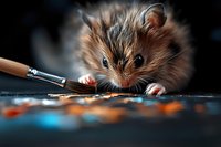 Curious brown hamster exploring art supplies and paint on dark background with dramatic lighting, creating artistic mood for creative pet photography.