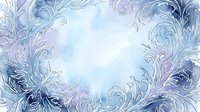 Ornate swirling frost patterns in shades of blue and purple create an elegant frozen border frame around a luminous white center, suitable for winter backgrounds and design overlays.