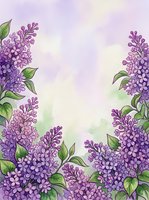 Lilac flowers frame a soft watercolor background with green foliage, creating an isolated botanical border design suitable for greeting cards, invitations, and decorative projects.