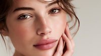 Close up portrait of young Caucasian woman with natural makeup, glowing skin, and brown hair touching face gently against light background. Fresh skincare concept.