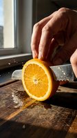 Close-up of male hand slicing fresh orange on wooden cutting board with knife, juice droplets visible, natural window light, food preparation scene.