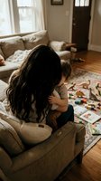 Mother with long brown hair embracing toddler son on living room sofa surrounded by scattered toys creating warm family bonding moment in cozy home interior.