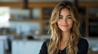 Young Caucasian woman with wavy blonde hair and natural makeup smiling warmly at camera wearing black top, professional headshot style portrait with soft bokeh background.