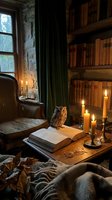 Cozy reading nook with owl figurine on open book, candlelight ambiance, vintage library interior with wooden shelves, leather chair and warm atmospheric lighting.