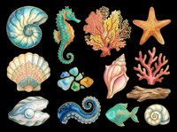 Ocean clipart set with seashells, coral, starfish, seahorse, fish, and octopus tentacle, isolated on transparent background, ready for stickers, sublimation, and print on demand.
