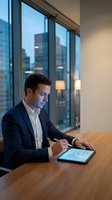 Young Caucasian male professional in dark business suit working on digital tablet at wooden desk with city skyline view through office windows.
