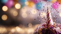 Festive birthday cupcake with spiral candle and colorful sprinkles on blurred bokeh background with flying confetti. Celebration and party concept.