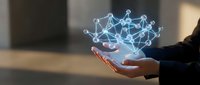 Businessperson holding glowing digital network structure with connected nodes and lines, representing global communication, data connection, and technology innovation in modern business.