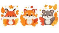 Cute autumn woodland animals fox squirrel raccoon with fall leaves and flowers in cartoon style for children design projects and seasonal decorations.