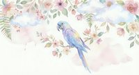 Watercolor tropical parrot with pastel flowers and leaves on soft background for nursery decor and feminine design projects.