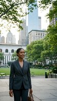 Professional African American businesswoman in dark suit walking through urban park with city skyline background, corporate lifestyle concept.