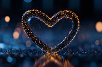 Glowing heart shape created with golden sparkles against dark blue bokeh background, reflecting on wet surface. Romantic mood for Valentine designs.