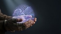 Male hands holding glowing purple ornamental swirl pattern with intricate decorative flourishes against dark background, representing creativity, innovation, and digital design concepts.