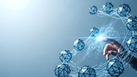Digital network connectivity concept with businessman touching glowing molecular structure representing data transfer and technological innovation.