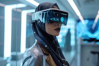 Young Asian woman wearing futuristic virtual reality headset with holographic display in high-tech laboratory environment with blue lighting.