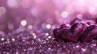 Purple glitter hearts on sparkly surface with romantic bokeh background in pink and violet tones, macro photography with shallow depth of field.