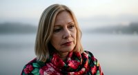 Middle-aged woman with blonde shoulder-length hair and fair complexion wearing a colorful floral scarf outdoors by water. Suitable for lifestyle, portrait, and wellness content.