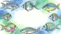 Watercolor tropical fish frame with colorful marine species swimming around white copy space for text and design projects.