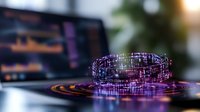 Glowing digital ring with circuit patterns and light trails floating above reflective surface against blurred trading monitor background for fintech concept.
