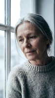 Senior woman with gray hair wearing a knit sweater gazes thoughtfully out a window, conveying contemplation and maturity. Suitable for aging, wellness, lifestyle and portrait projects.