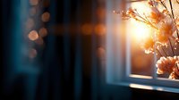 Dried flowers in vase on windowsill with warm sunlight streaming through glass, creating soft bokeh and golden hour ambiance for home decor and interior design projects.