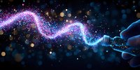 Magical glowing light trail flowing from light bulb with sparkles and bokeh effects against dark background, creative energy concept.