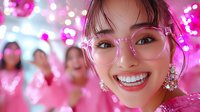 Young Asian woman with pink glasses and bright smile against blurred pink bokeh lights background, radiating joy and positive energy in trendy fashion style.